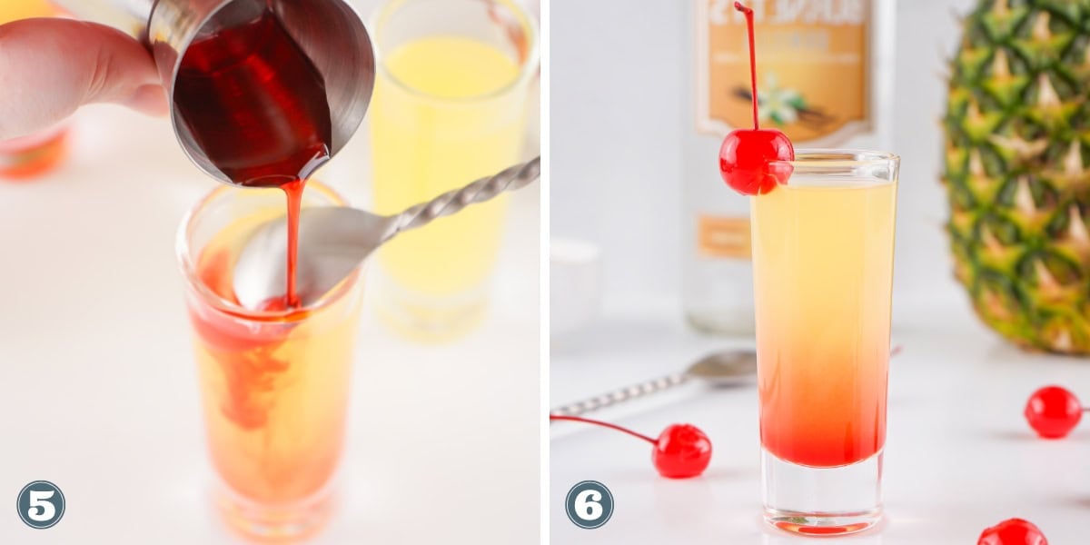 Collage of creating pineapple vodka shots.