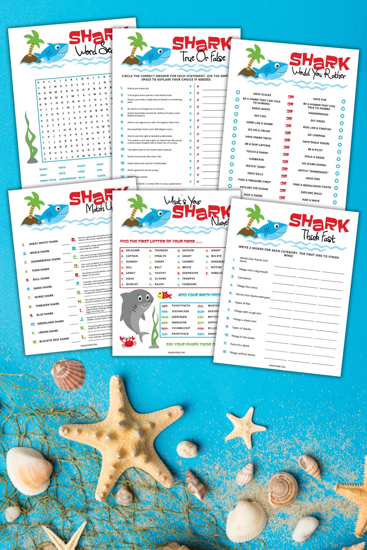 Shark week printables on a blue background with starfish and shells.
