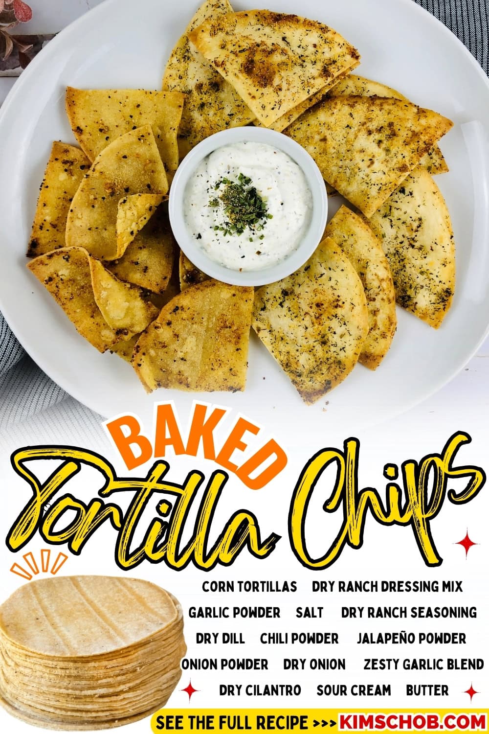 Tortilla chips with dip sauce on the center sitting on a white plate.