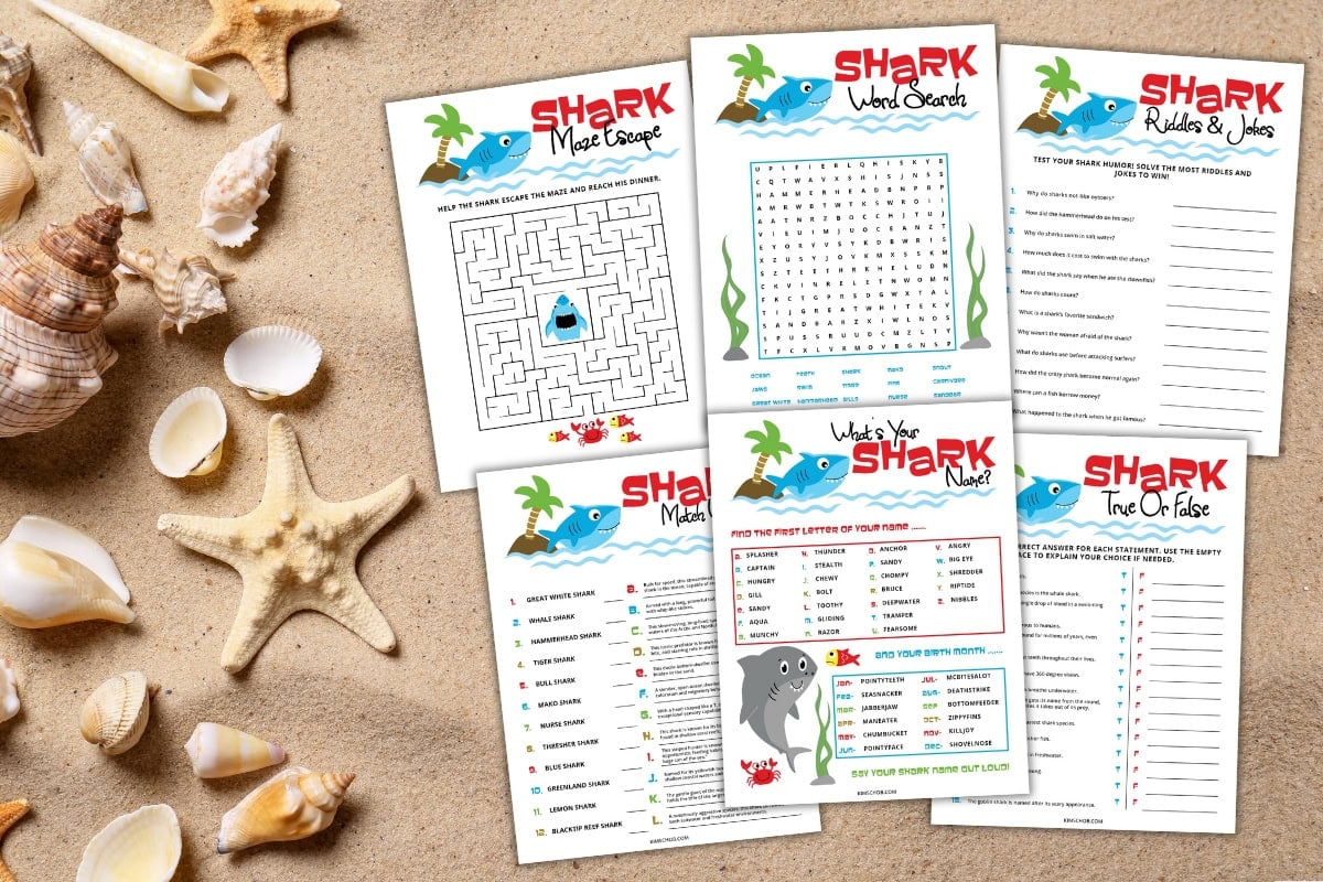 Shark week printables on a sand background with shells and starfish.