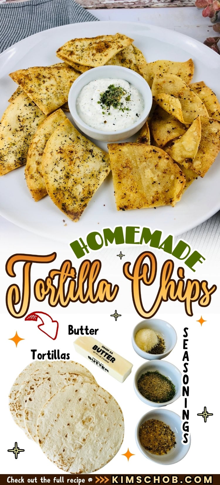 A plate of seasoned corn tortillas with a small bowl of dip.