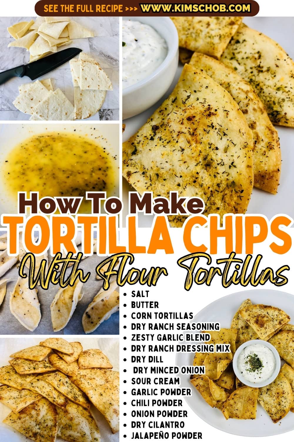 Collage of Seasoned Baked Tortilla Chips with a process of how to make it.