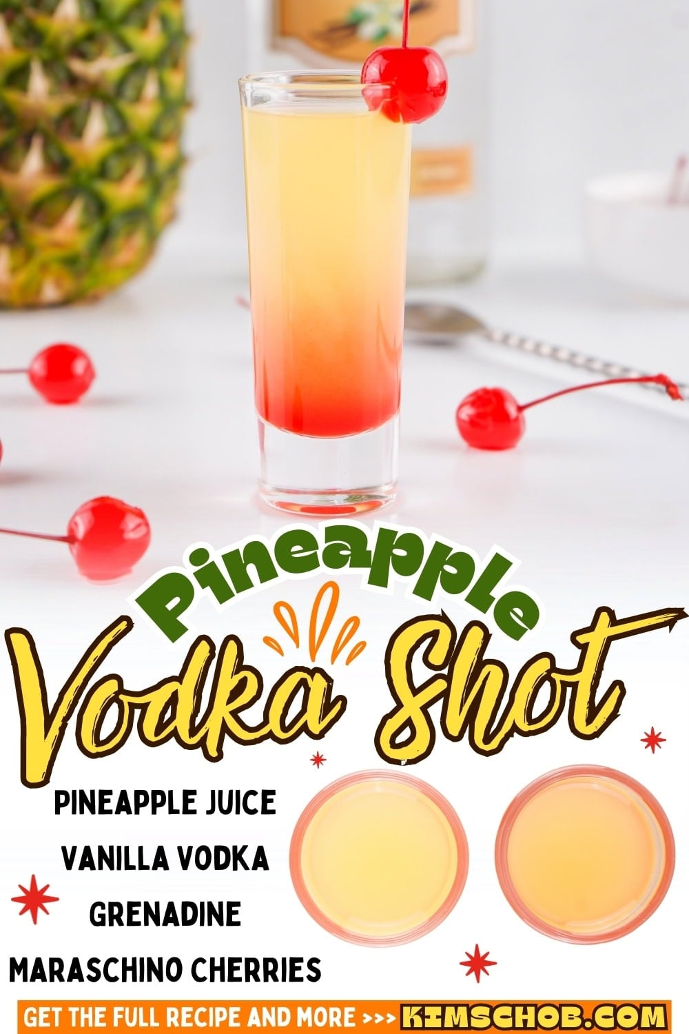 Pineapple vodka shot garnished with cherry.