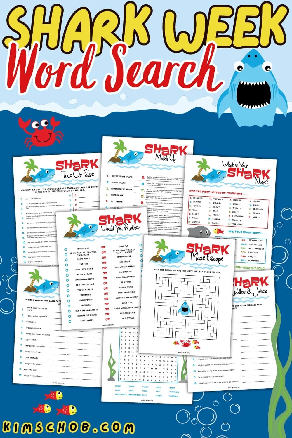 8 Shark week printables on a dark blue background.