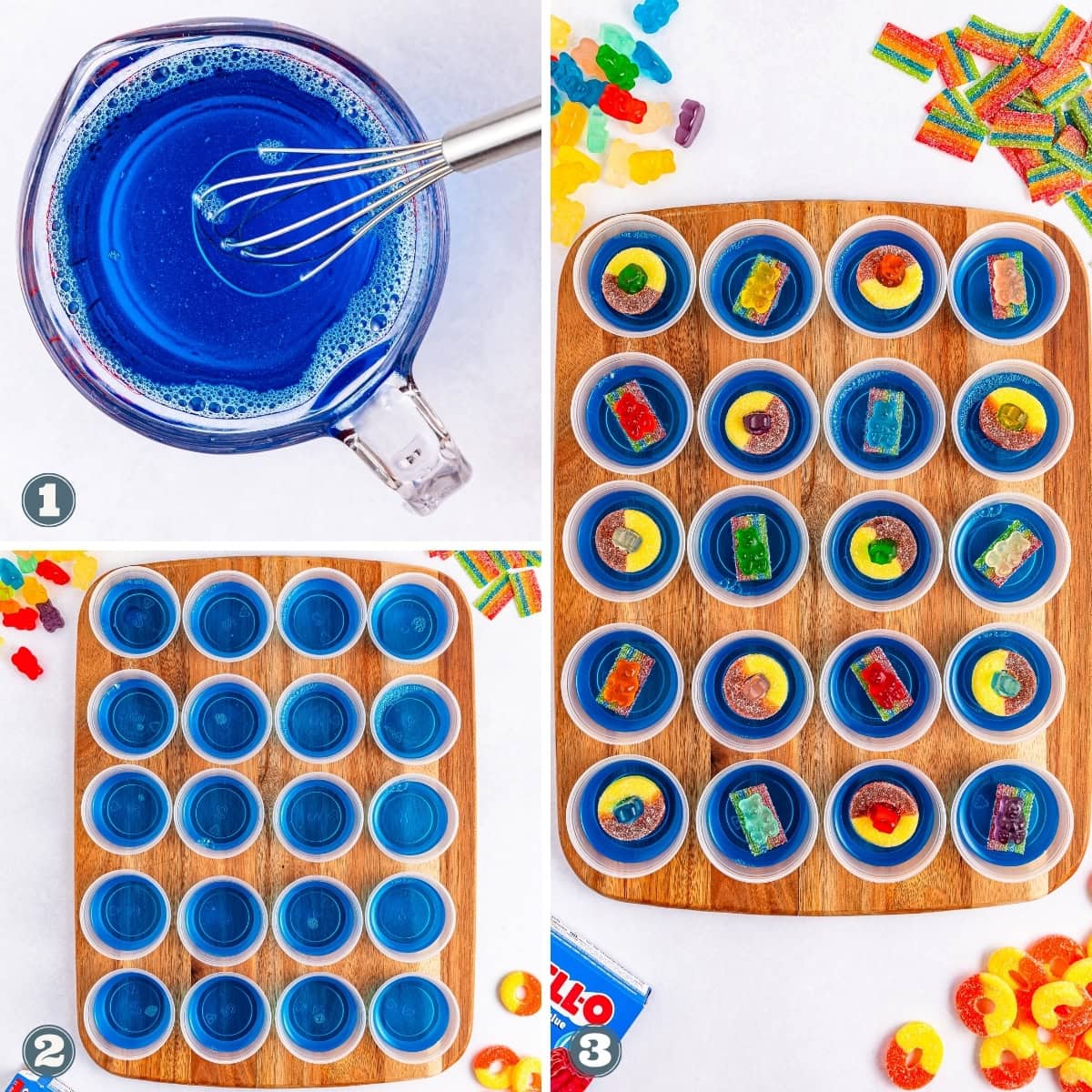 Collage of creating Blue Beach Jello Shot Drinks.