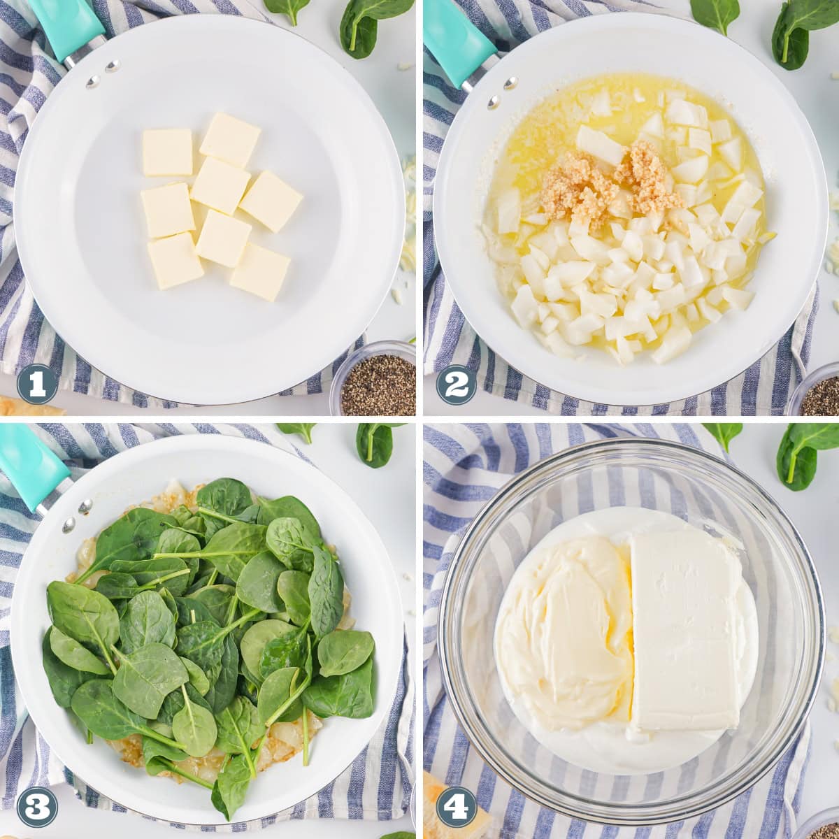 Collage of making spinach artichoke dip.