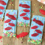Graham crackers with blue icing and rainbow nerds on the bottom and topped with Swedish fish candies.
