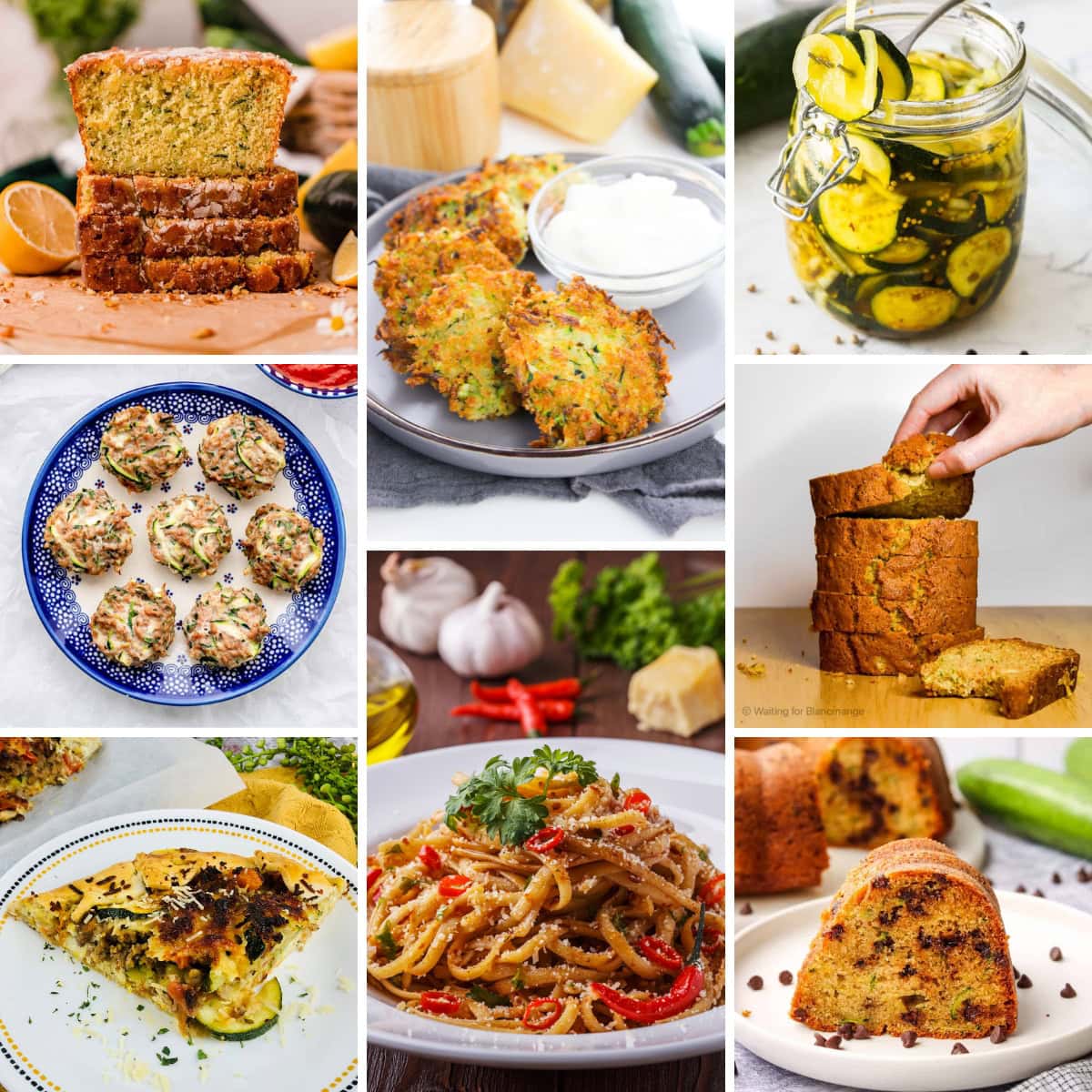 Collage of zucchini recipes.