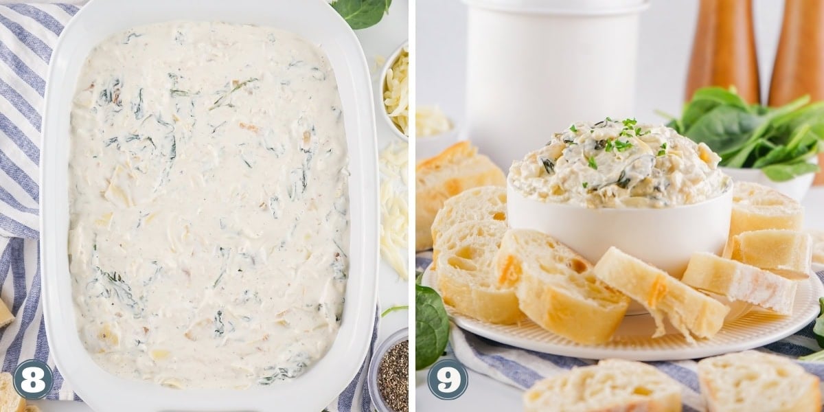 Collage of creating spinach artichoke dip.