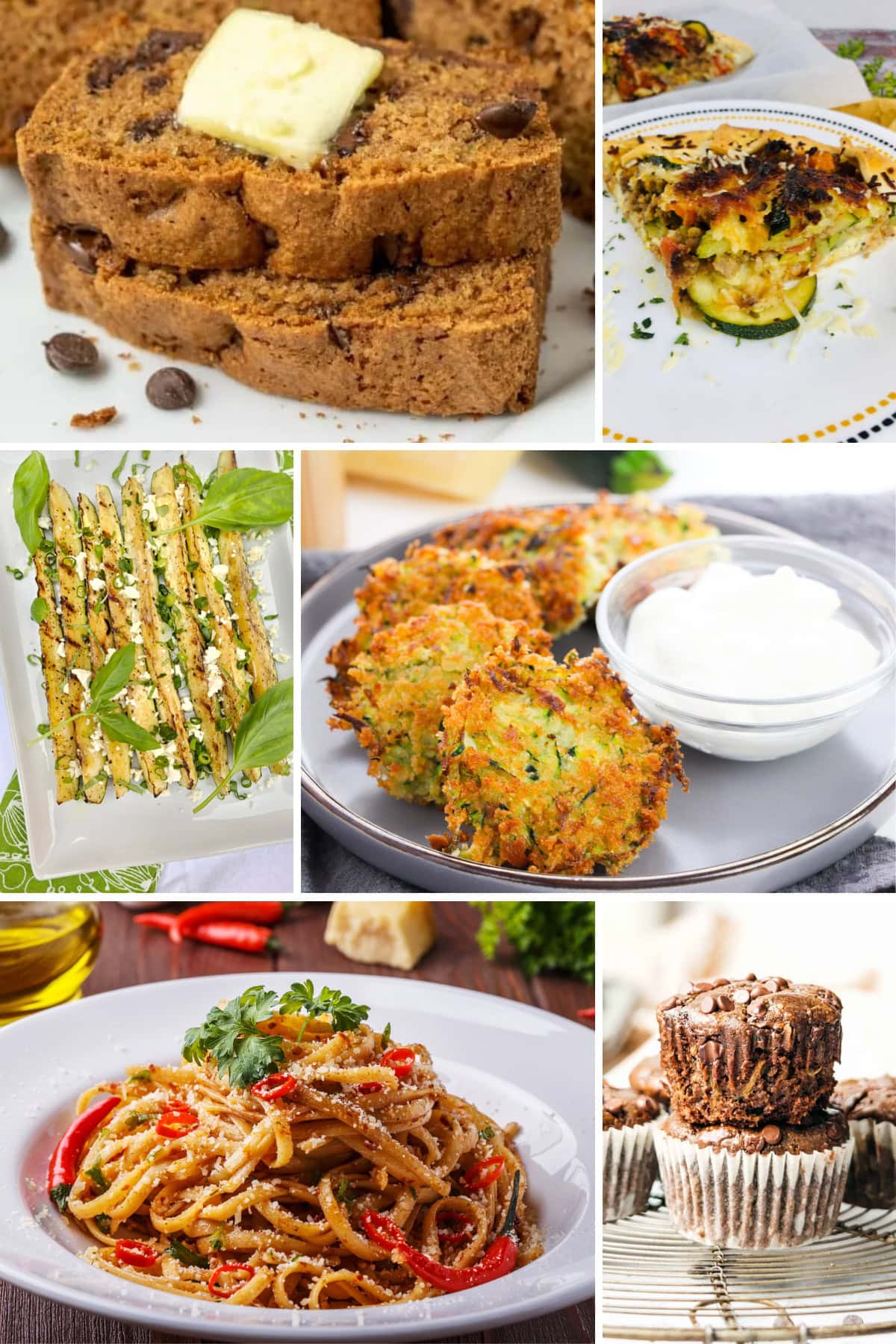 Collage of varieties of zucchini recipes.