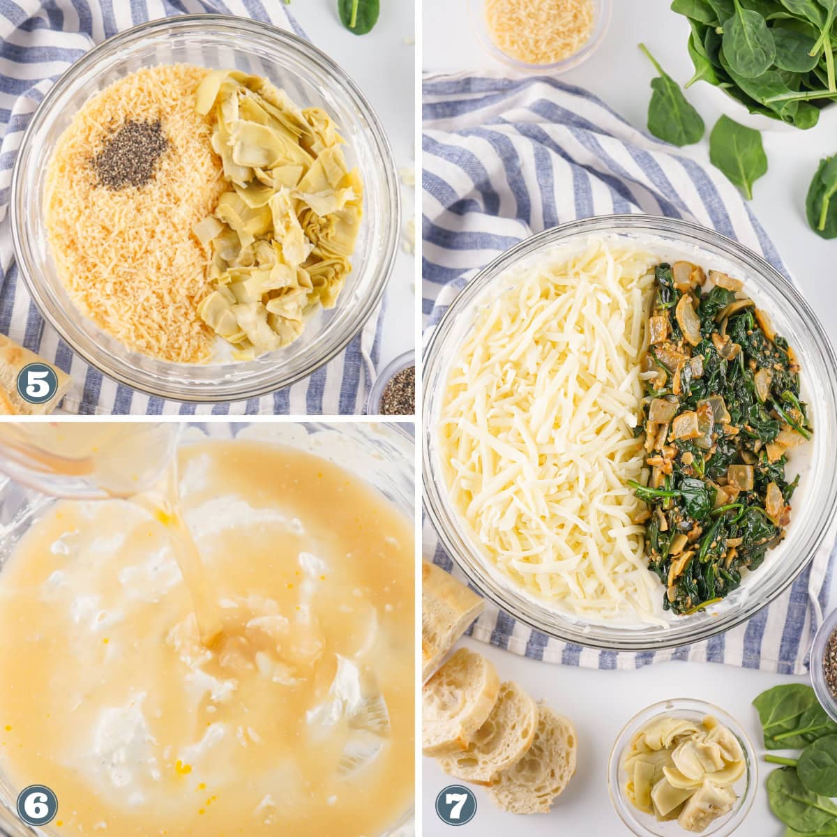 Collage of mixing ingredients for spinach artichoke dip.