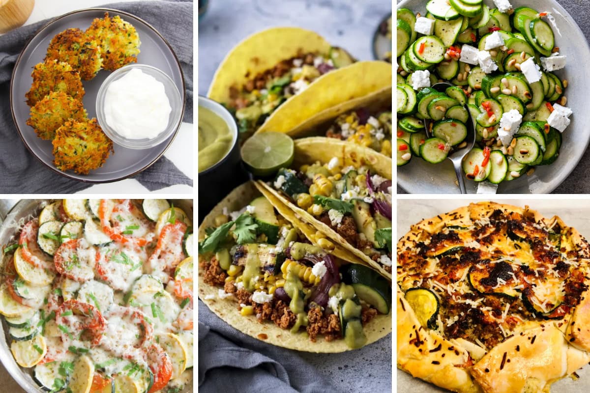 Collage of different zucchini recipes.