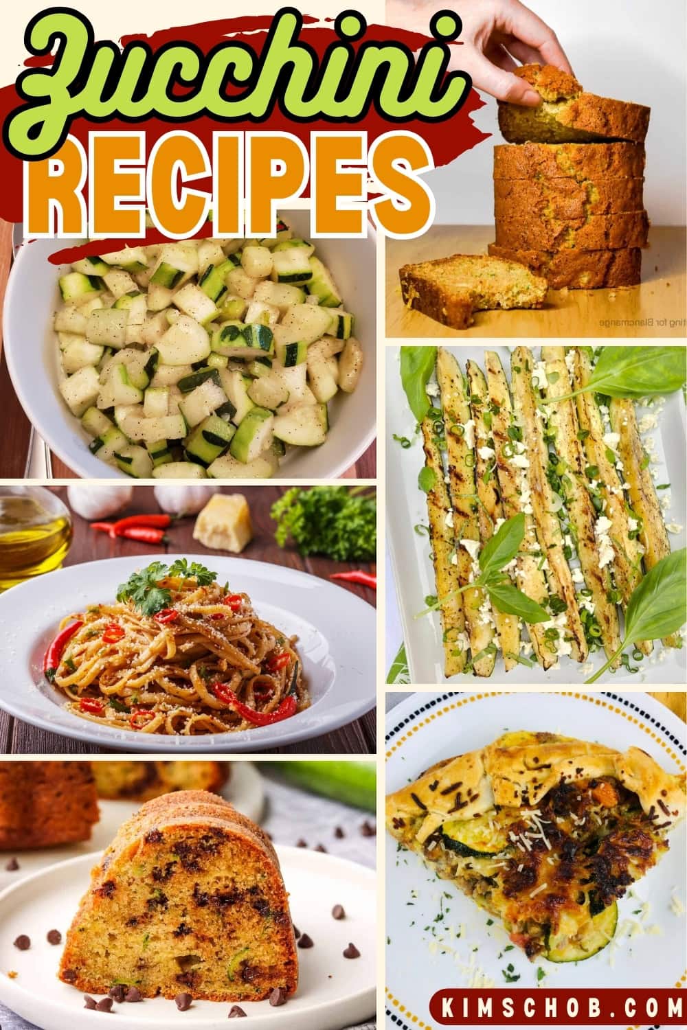Collage of six zucchini recipes.