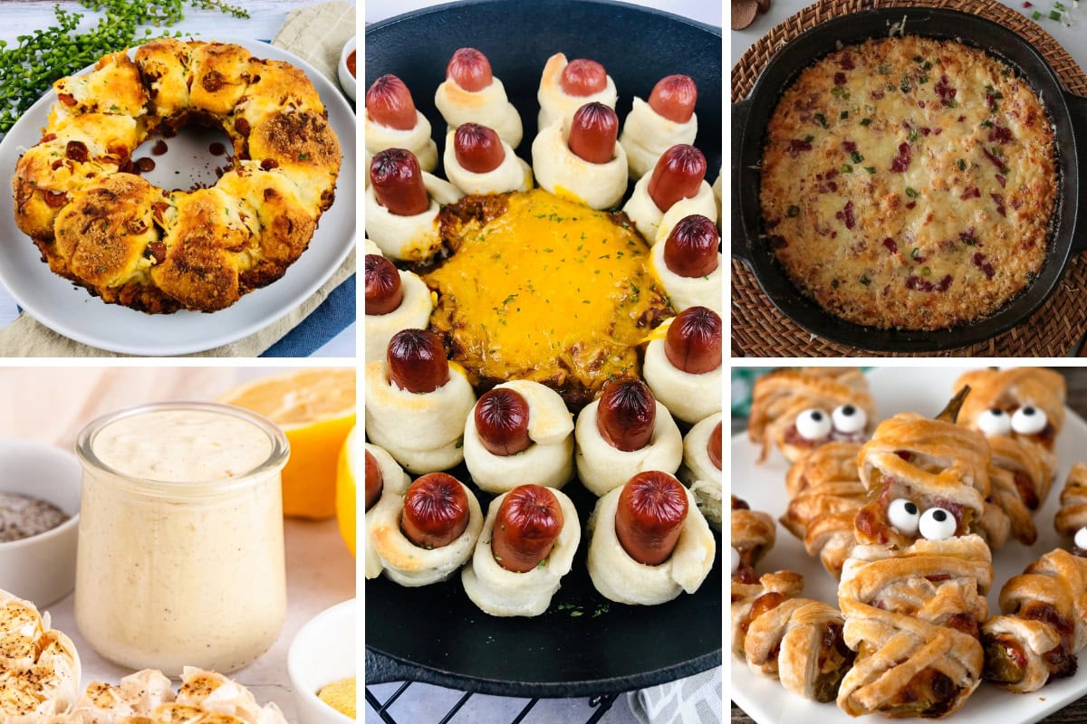 Collage of Halloween party appetizers.