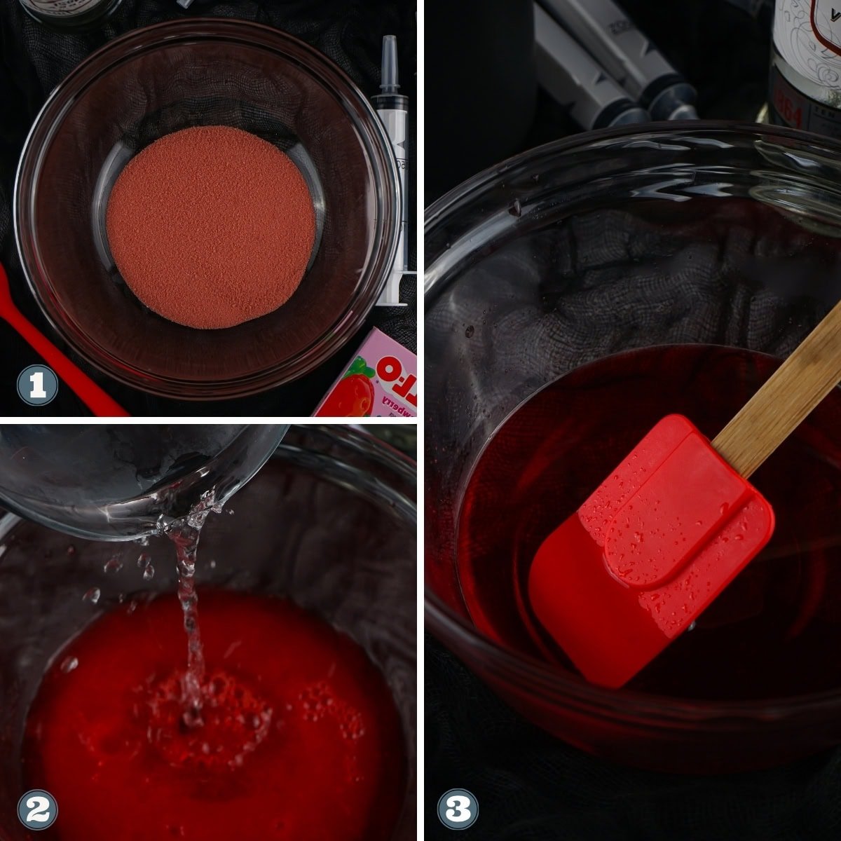 Collage of creating jello shots.