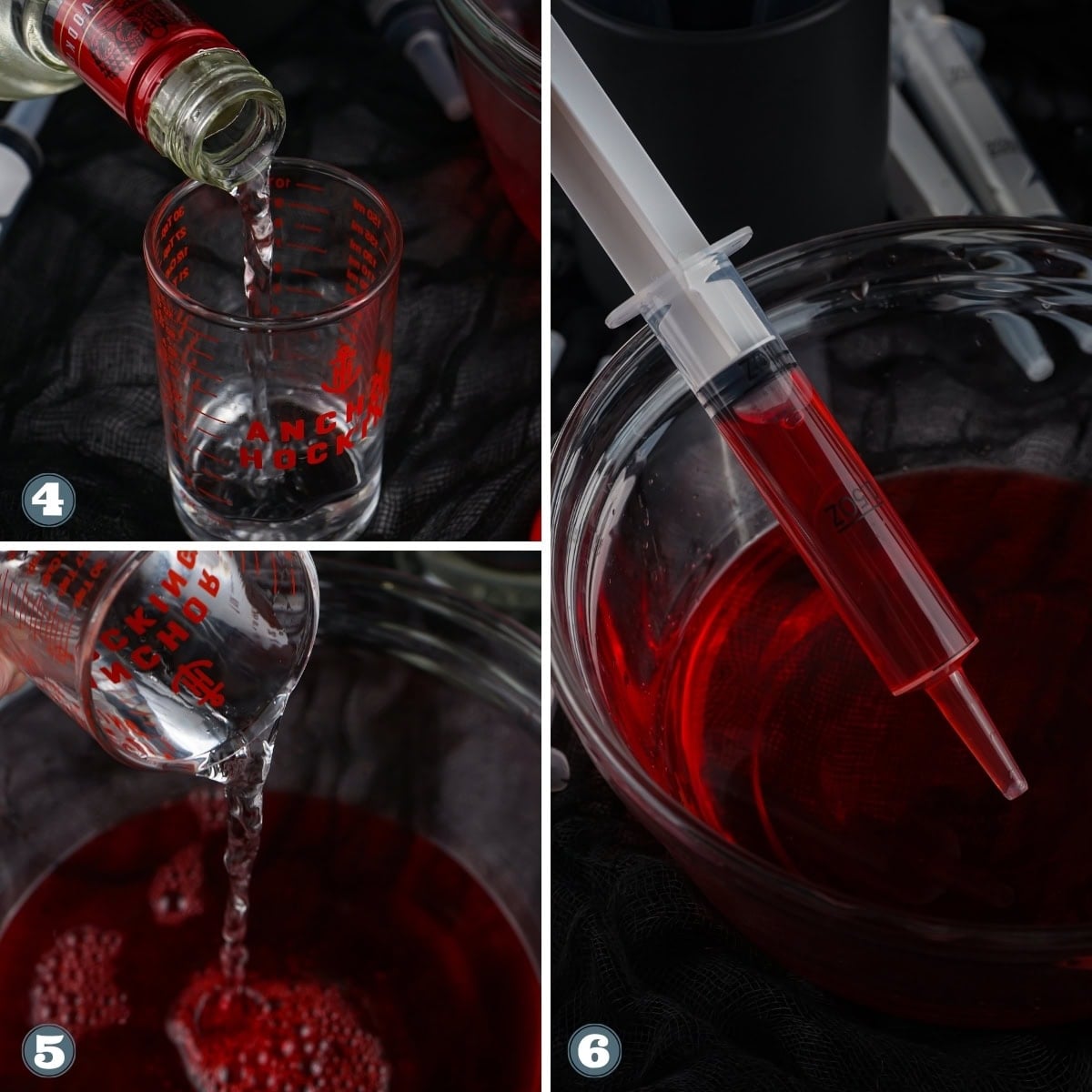 Collage of assembling halloween themed jello shots.