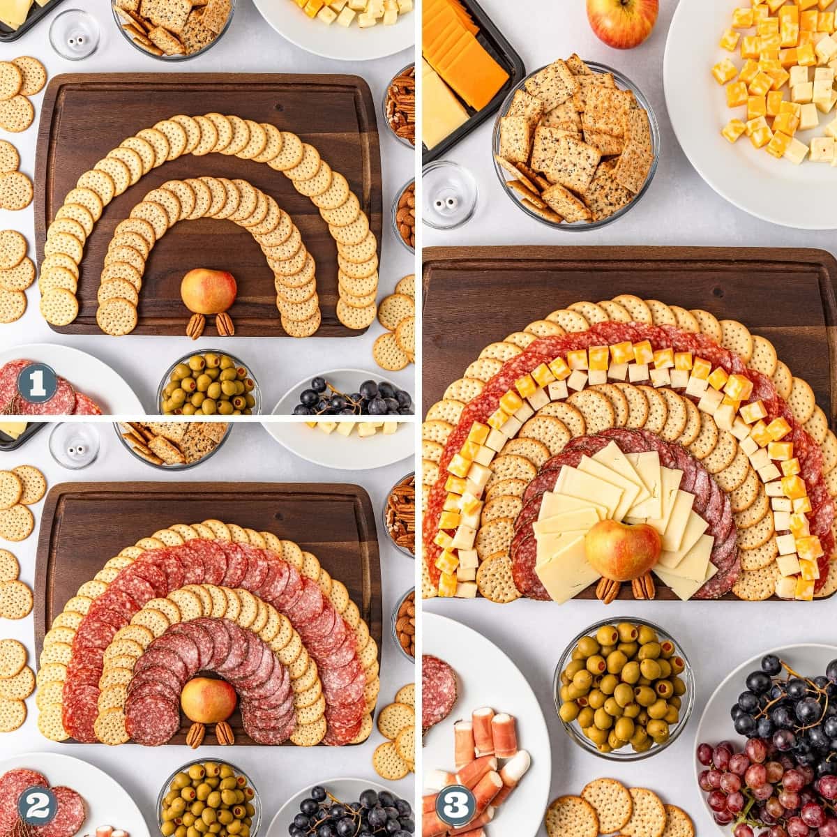Collage of creating turkey themed Charcuterie board.