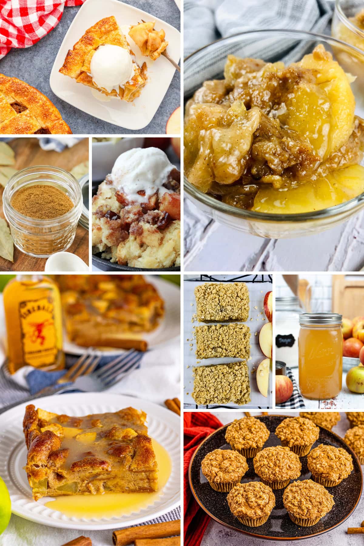 A collage of apple desserts: pies, muffins, apple butter, and more.