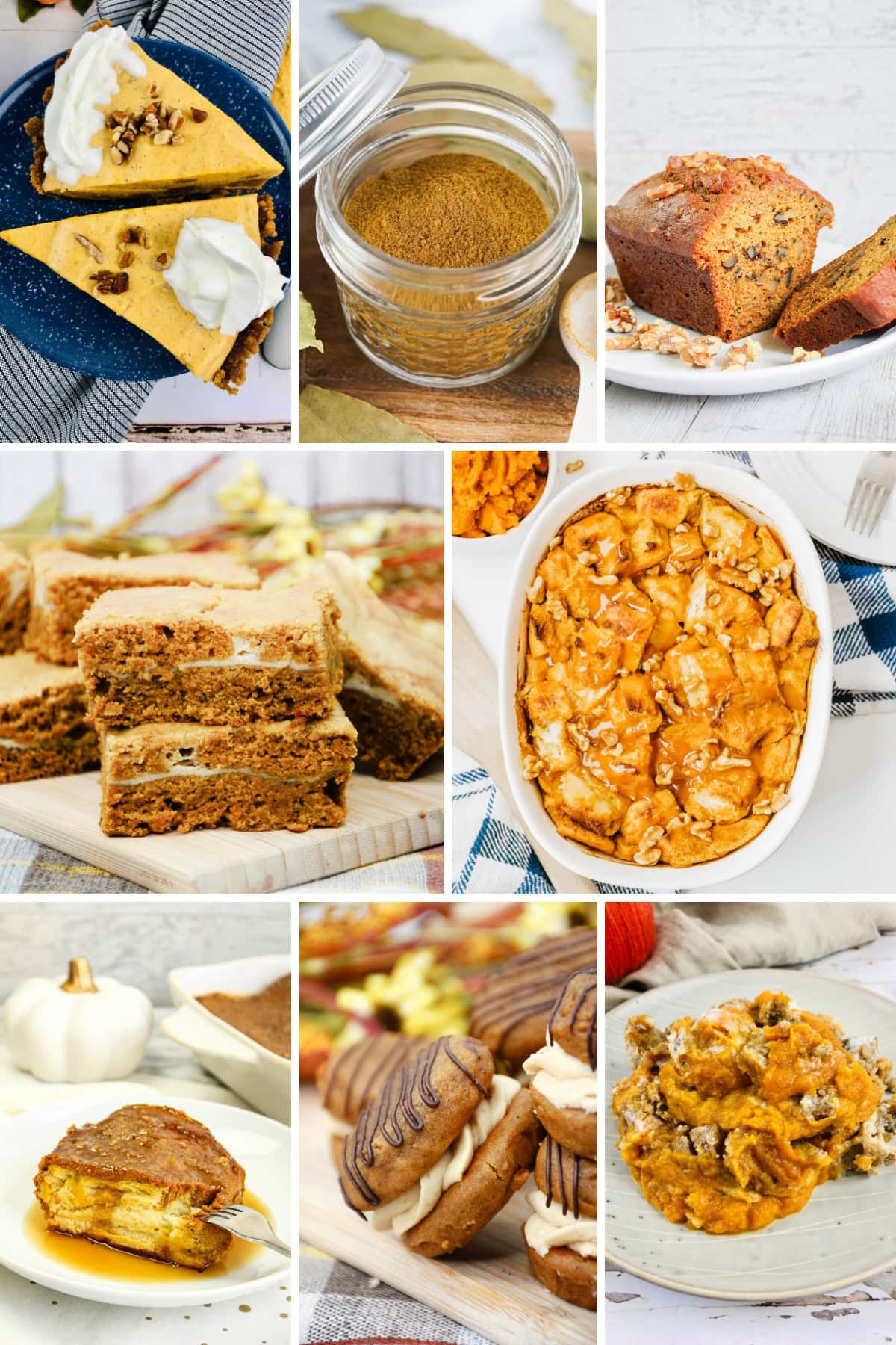 A collage of fall-themed desserts, including pies, breads, cookies, and pumpkin dishes, arranged on plates and trays.