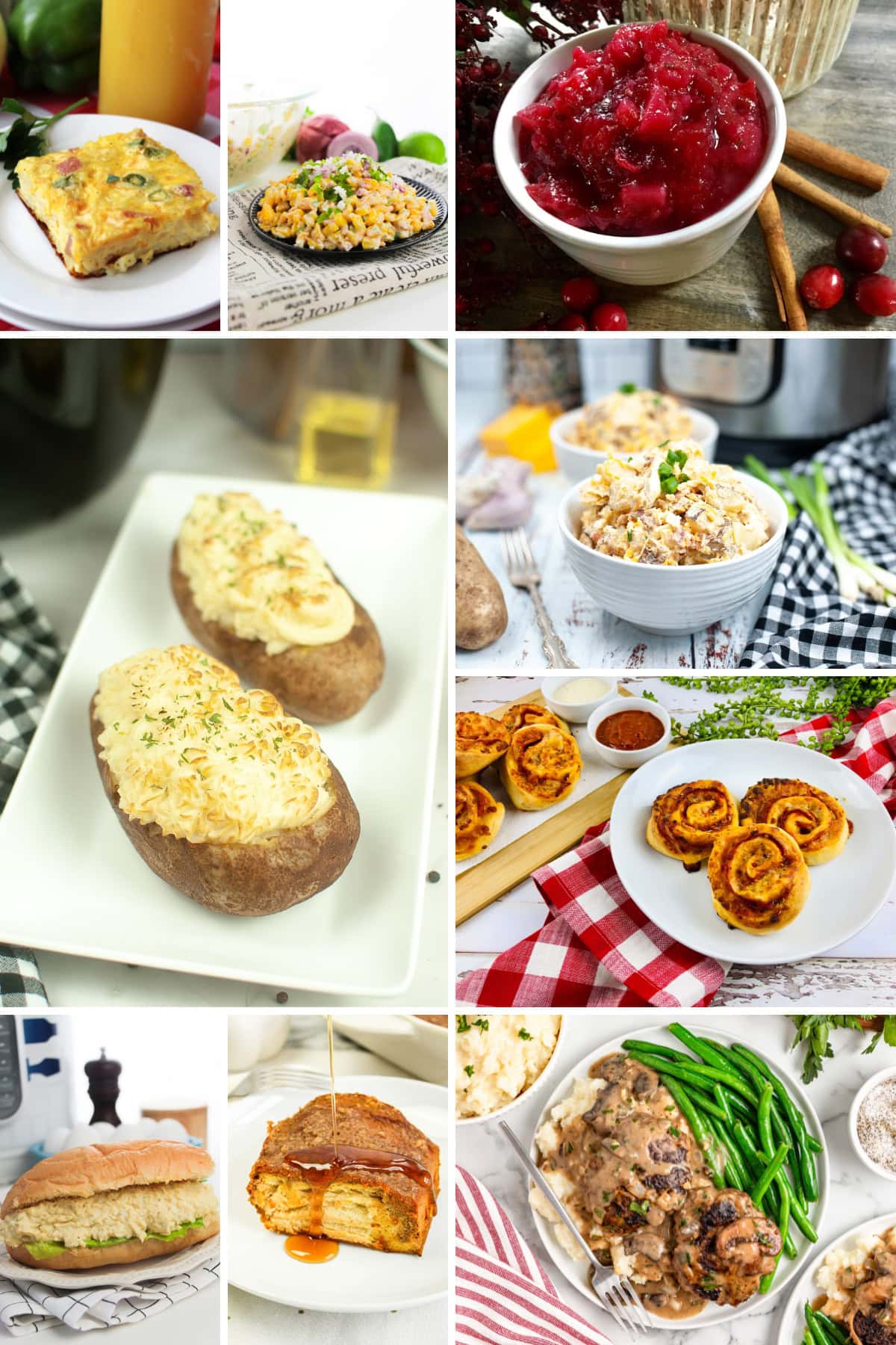 A collage of various Thanksgiving dishes, including casseroles, cranberry sauce, stuffed potatoes, rolls, sandwiches, and green beans.
