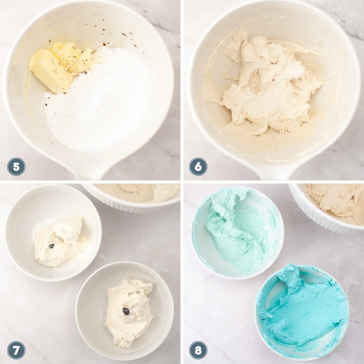 Steps for making frosting: ingredients in a bowl; mixed frosting; divided portions; added food coloring.