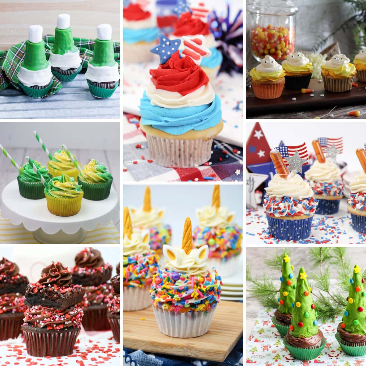 A collage of festive cupcakes decorated with themes like Christmas, Fourth of July, and birthdays.