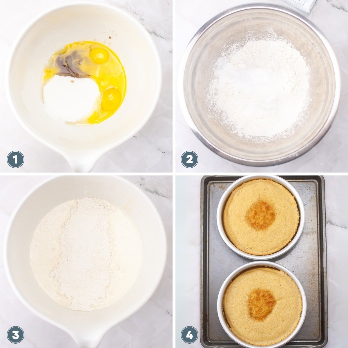 Four-step cake preparation: mixing eggs/sugar, adding flour, combining ingredients, and baking in round pans.