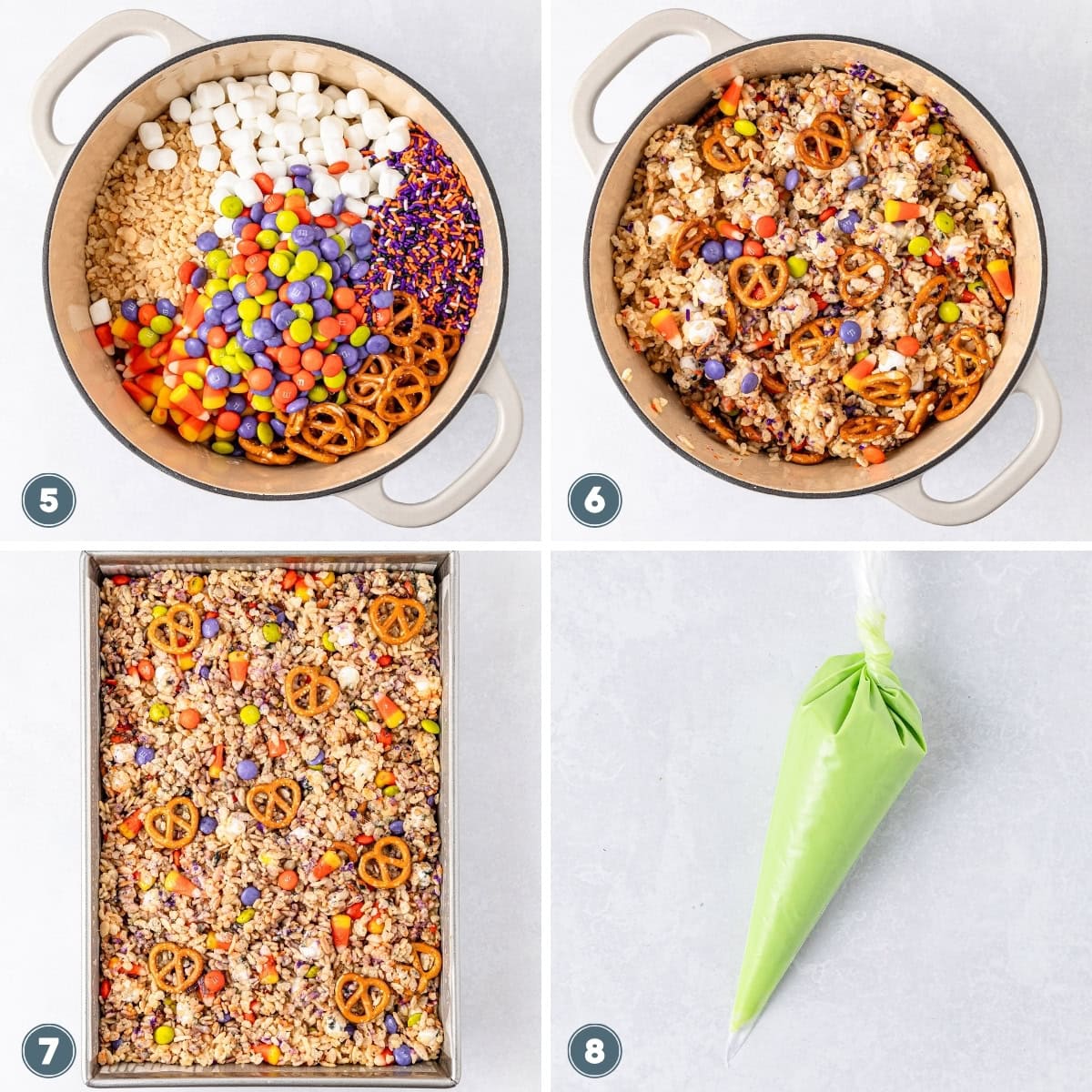 Collage showing cereal, candies, marshmallows, and pretzels in a pot, mixed together, spread on a tray, with a green icing bag.