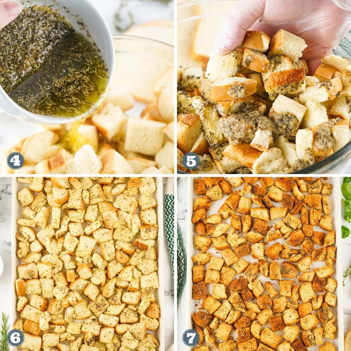 Steps for making croutons: Pouring herb oil on bread cubes and mixing, then baked croutons on a tray.
