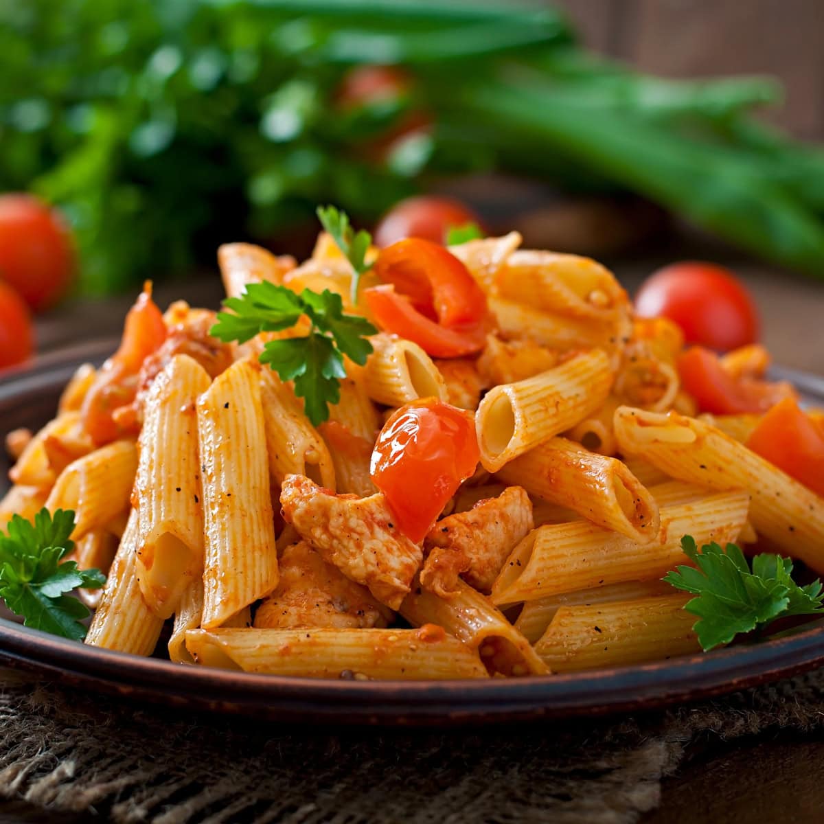 A plate of penne pasta with tomato sauce, cherry tomatoes, and garnished with parsley.