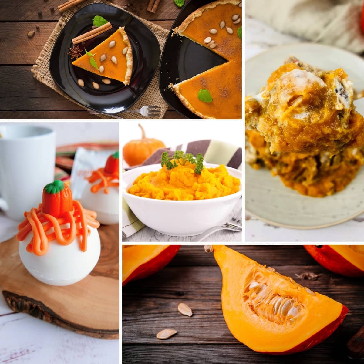 Collage of pumpkin-themed dishes: slices of pie, ice cream scoop, puree, decorated cupcake, and fresh pumpkin slices.