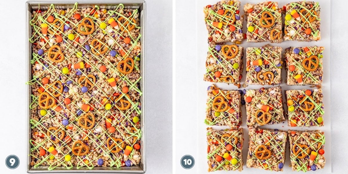 Collage of colorful snack bars with pretzels, candies, and drizzled green icing in a baking tray and cut into squares.