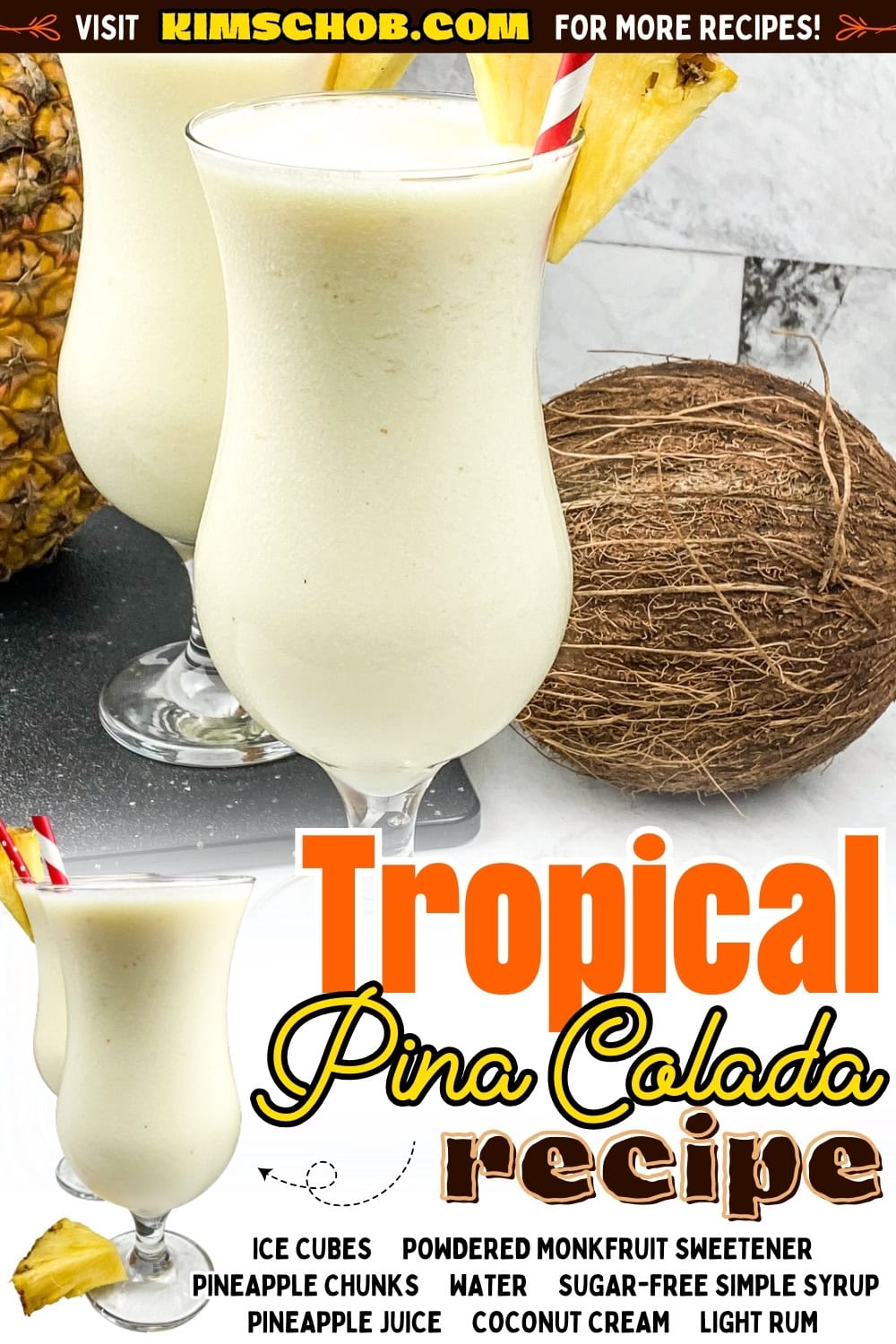 A pina colada in a tall glass with pineapple garnish.