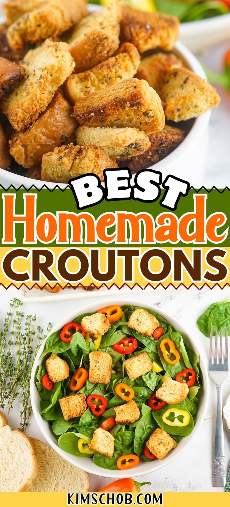 A bowl of croutons above a salad topped with croutons and sliced peppers.