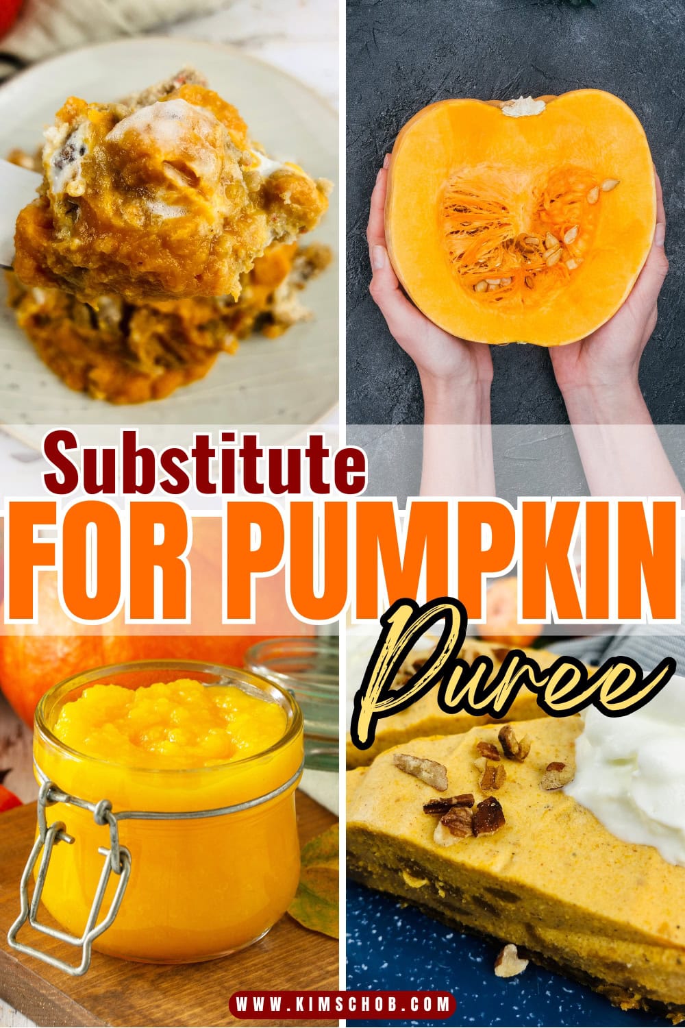 Collage featuring pumpkin substitutes: halved squash, jar of puree, and pie slice.