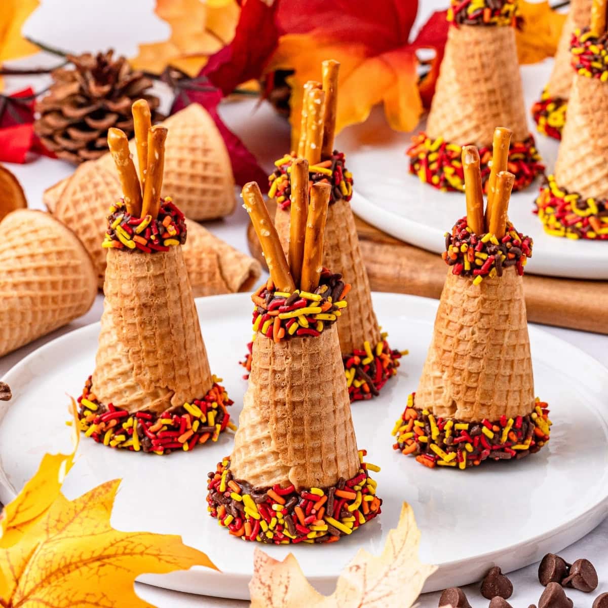 Ice cream cone tepees with pretzel sticks.