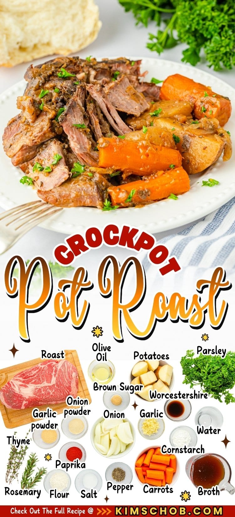 Crockpot pot roast with beef, carrots, potatoes, and herbs on a white plate.