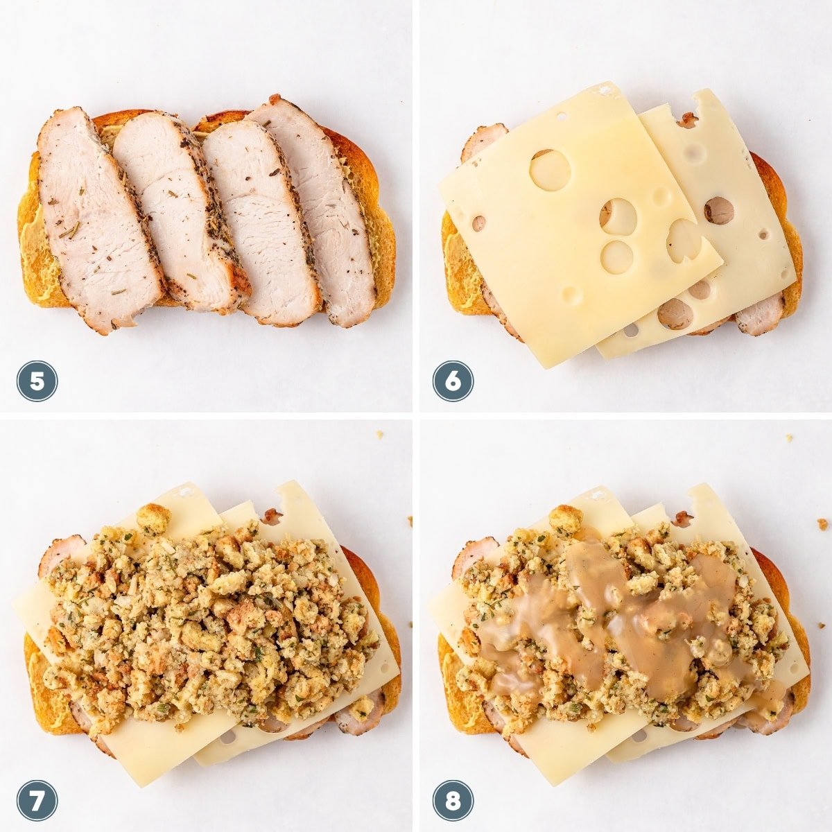 Turkey sandwich assembly with cheese, stuffing, and gravy in four steps.