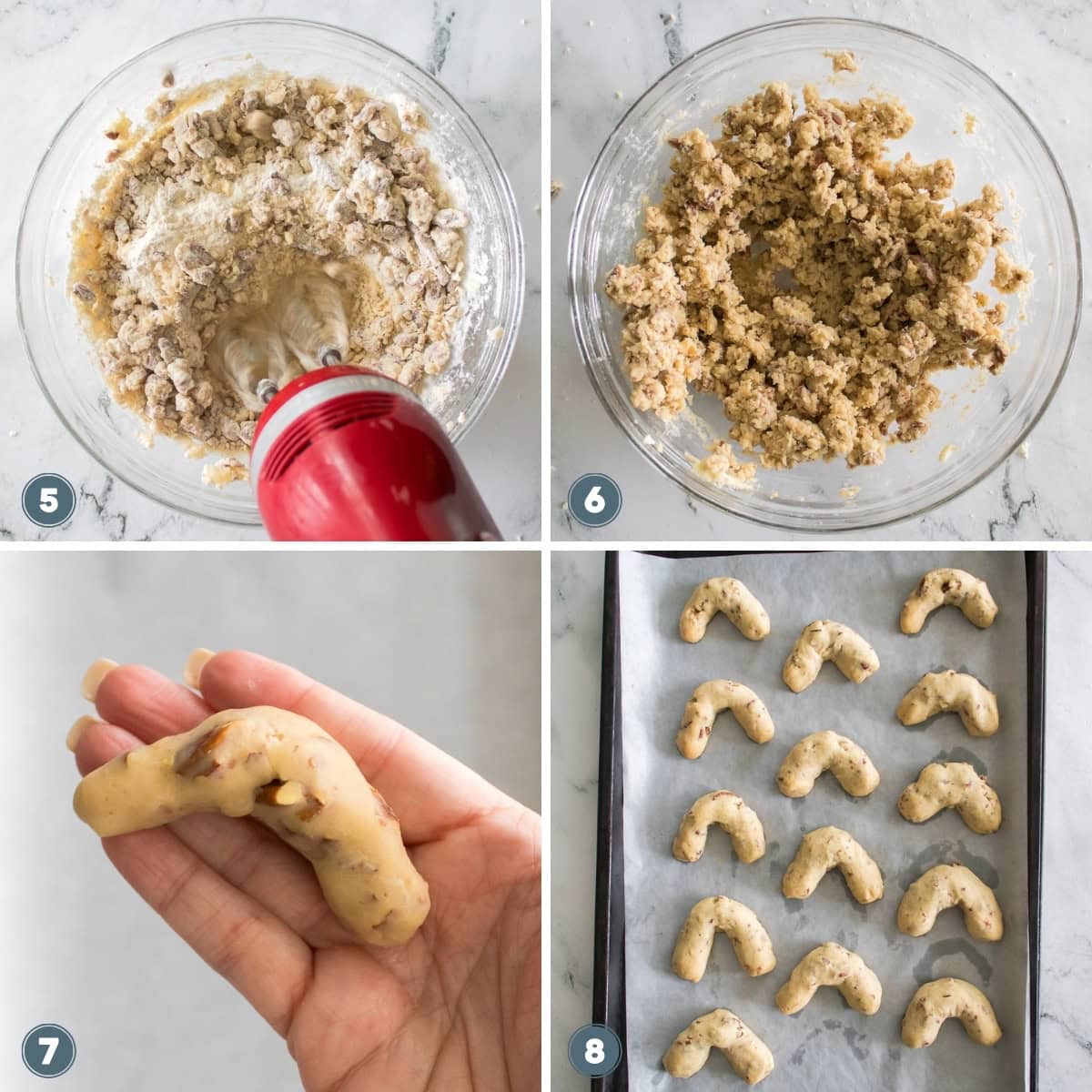 Mixing dough and shaping crescents for baking on a parchment-lined tray.