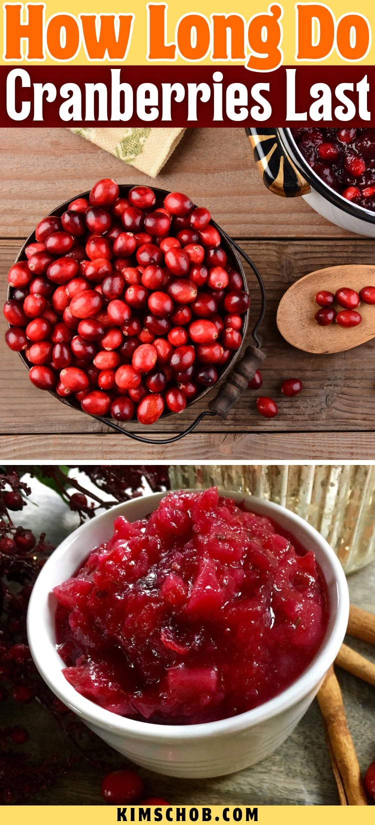 Fresh cranberries in a basket and cranberry sauce in a white bowl on a wooden table.