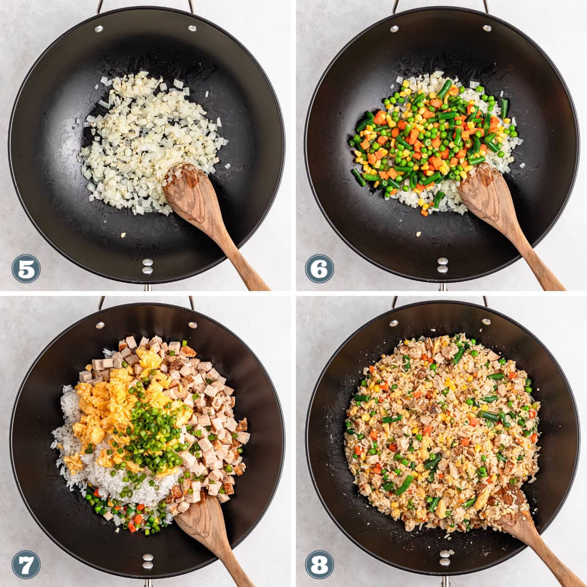 Cooking steps for fried rice in a black pan with a wooden spoon.