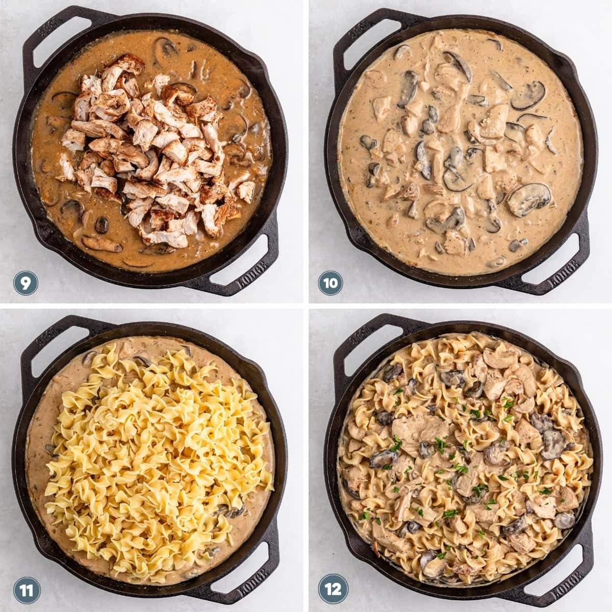 Making creamy mushroom pasta with chicken in a skillet.