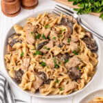 Plate of turkey stroganoff with noodles and mushrooms, garnished with parsley.