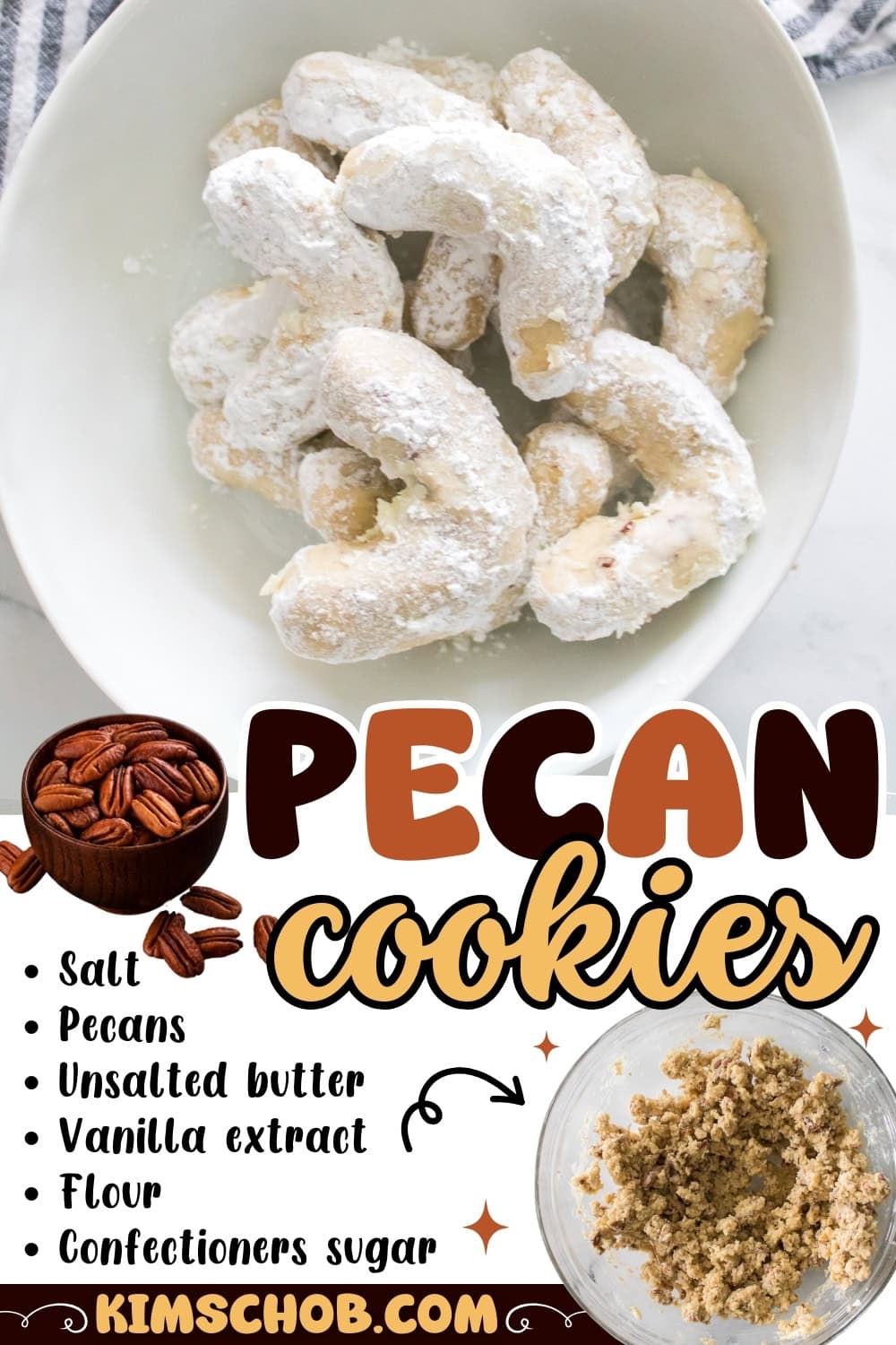A bowl of powdered sugar pecan cookies.