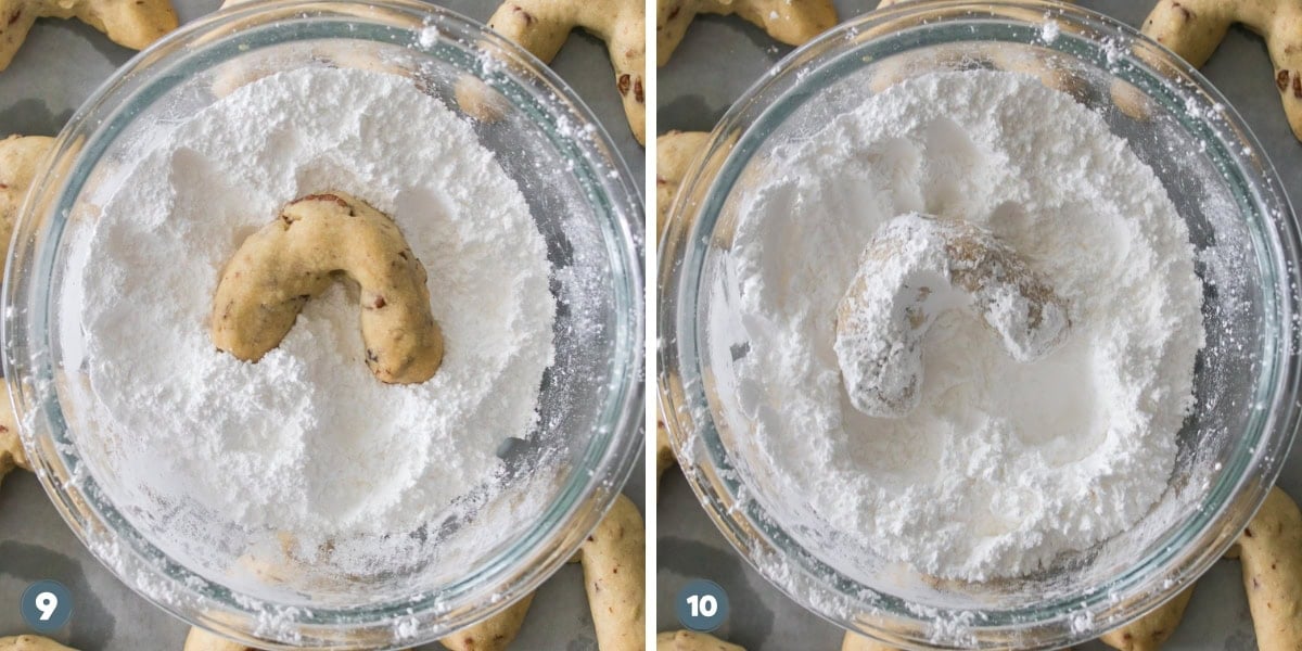 Two images of a cookie being coated in powdered sugar in a glass bowl.