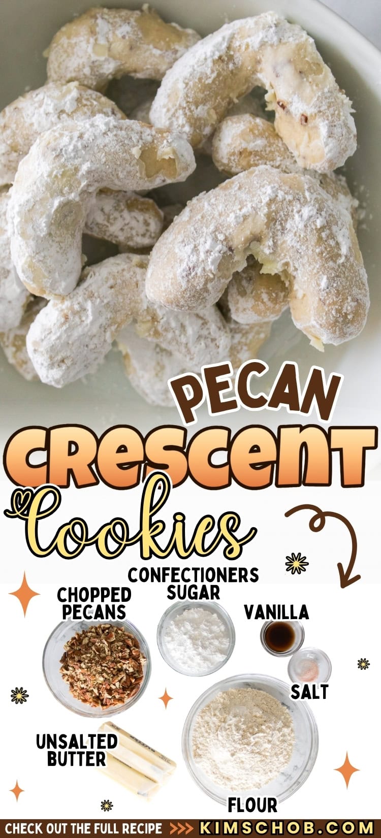 Plate of powdered pecan crescent cookies.