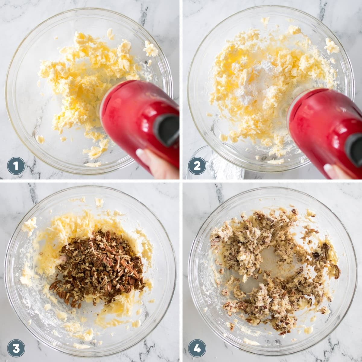 Mixing ingredients with a red hand mixer in a glass bowl.