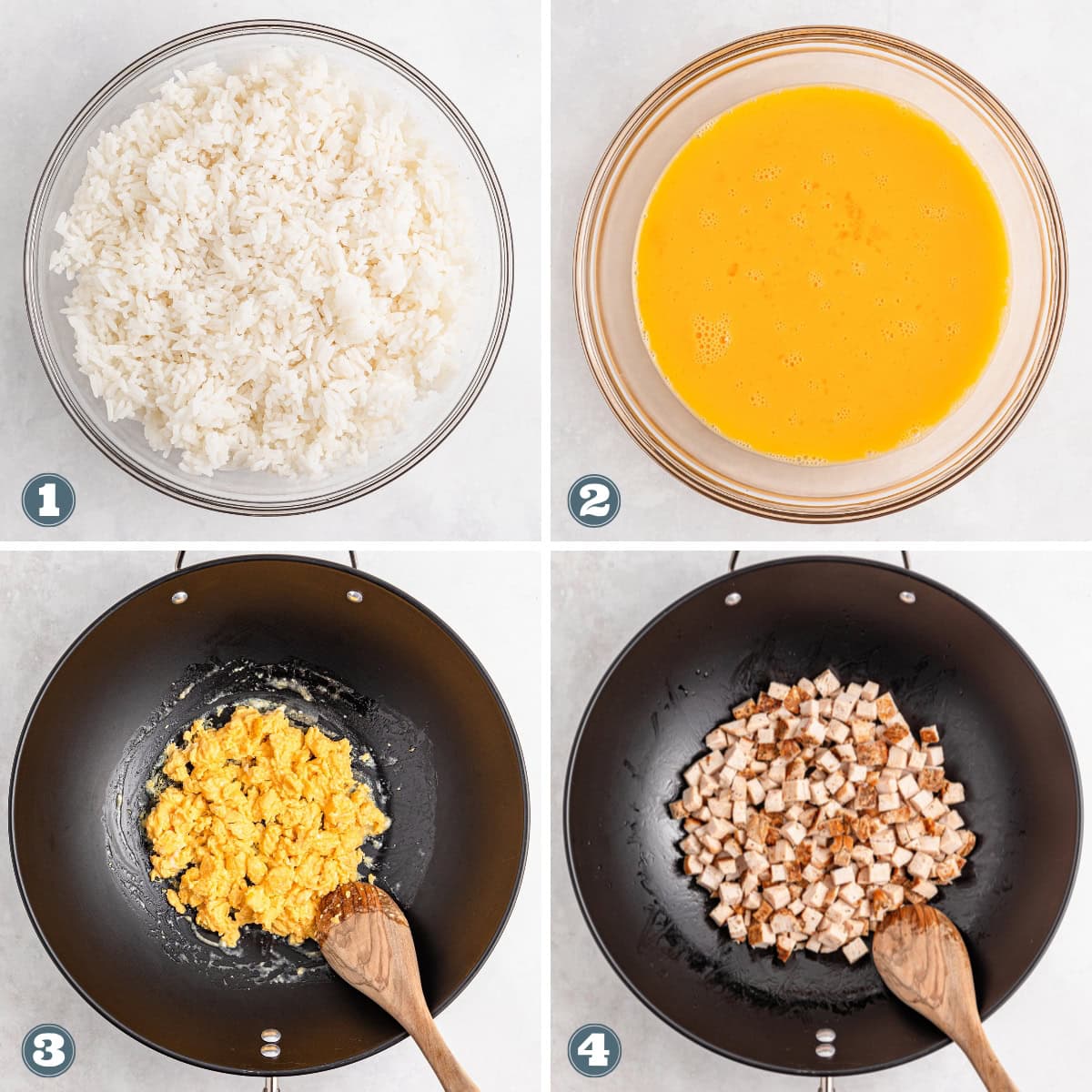 Steps to make fried rice: cooked rice, beaten eggs, scrambled eggs, and diced meat.
