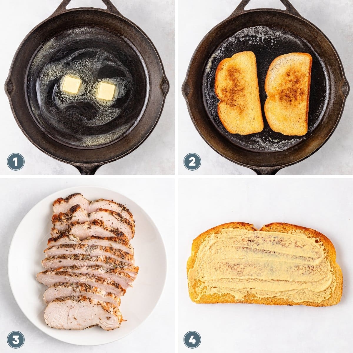 Butter melting in skillet, Toast in skillet, Sliced turkey on plate, and Bread with mustard.