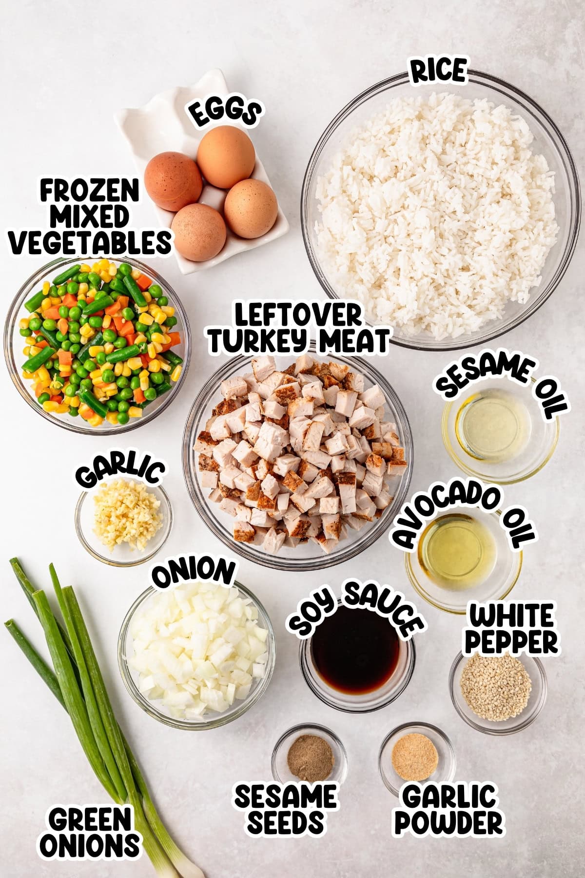 Ingredients for turkey fried rice on a white background.
